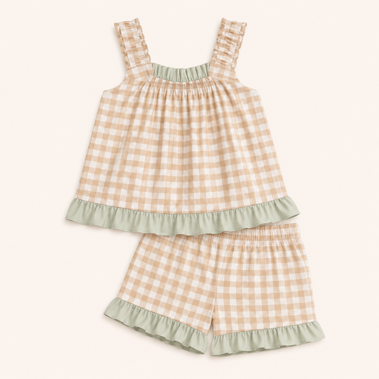 Carmen Mini Gingham Frill Short Set - Khaki Mint