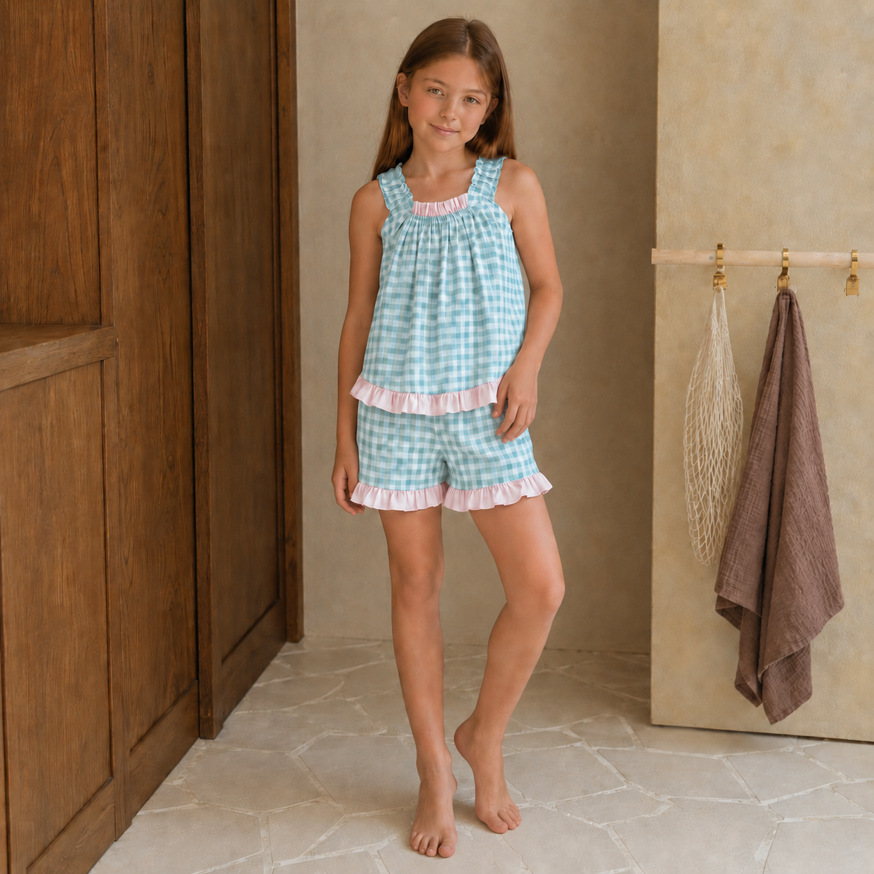 Carmen Mini Gingham Frill Short Set - Mint Pink
