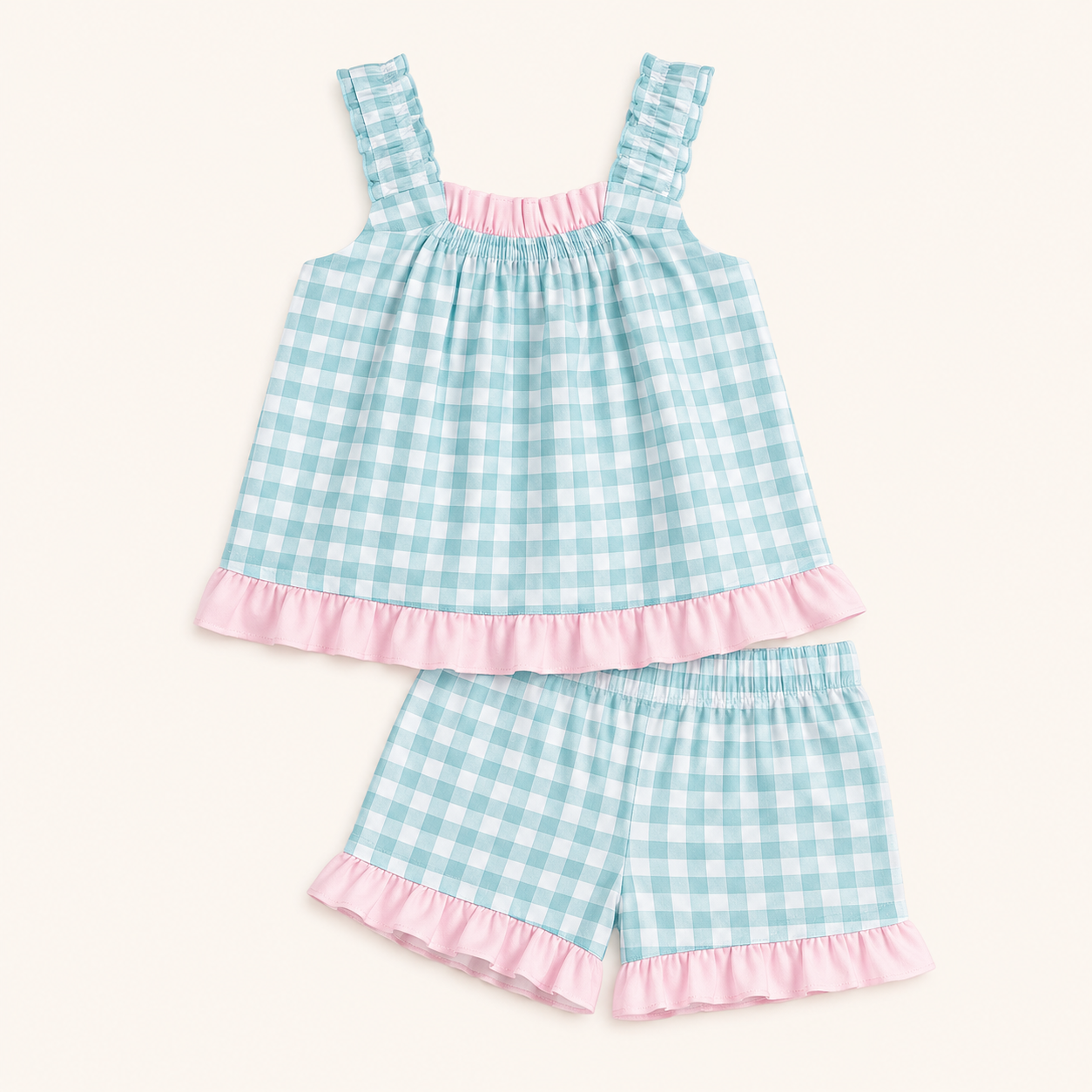 Carmen Mini Gingham Frill Short Set - Mint Pink
