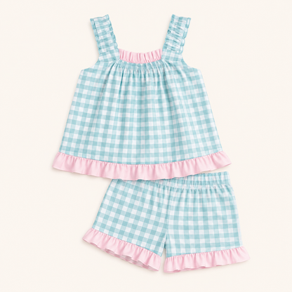 Carmen Mini Gingham Frill Short Set - Mint Pink
