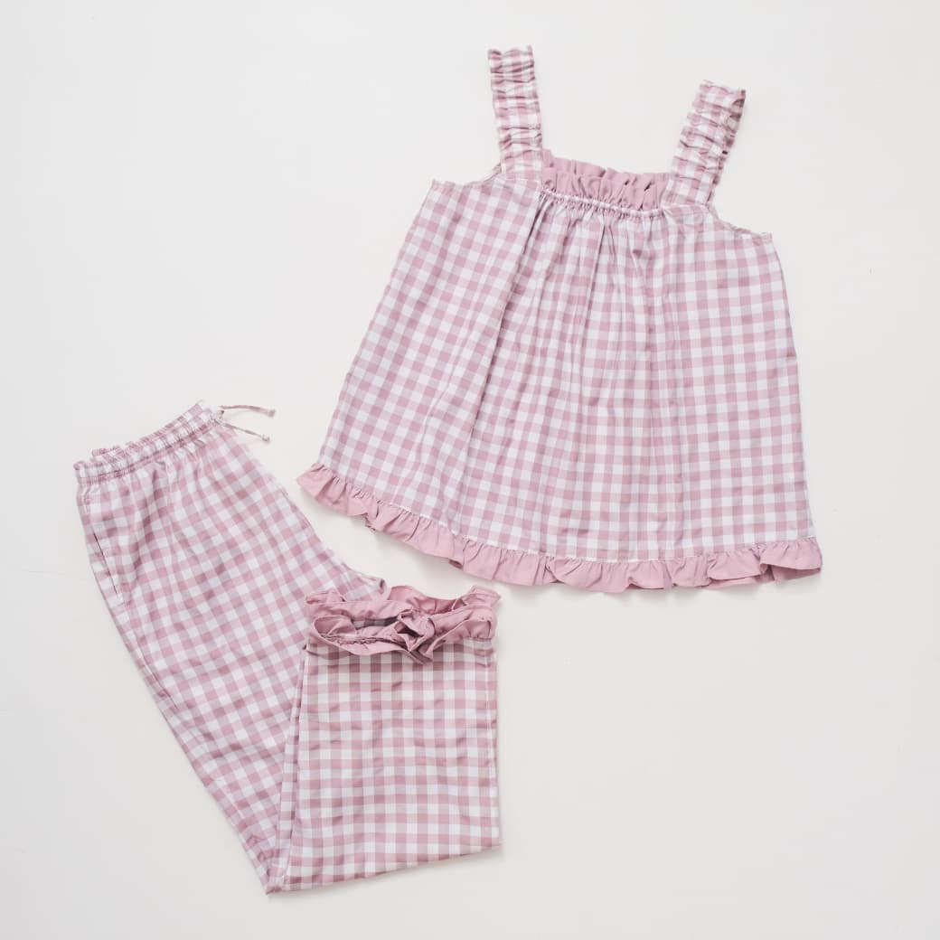 Carmen Gingham Frill Long Set - Misty Lavender