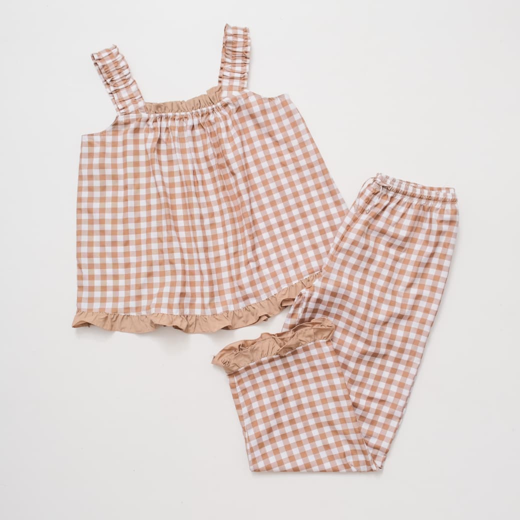 Carmen Gingham Frill Long Set - Mocha