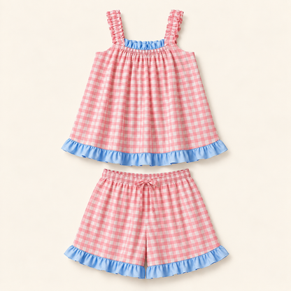 Carmen Gingham Frill Short Set -  Pink