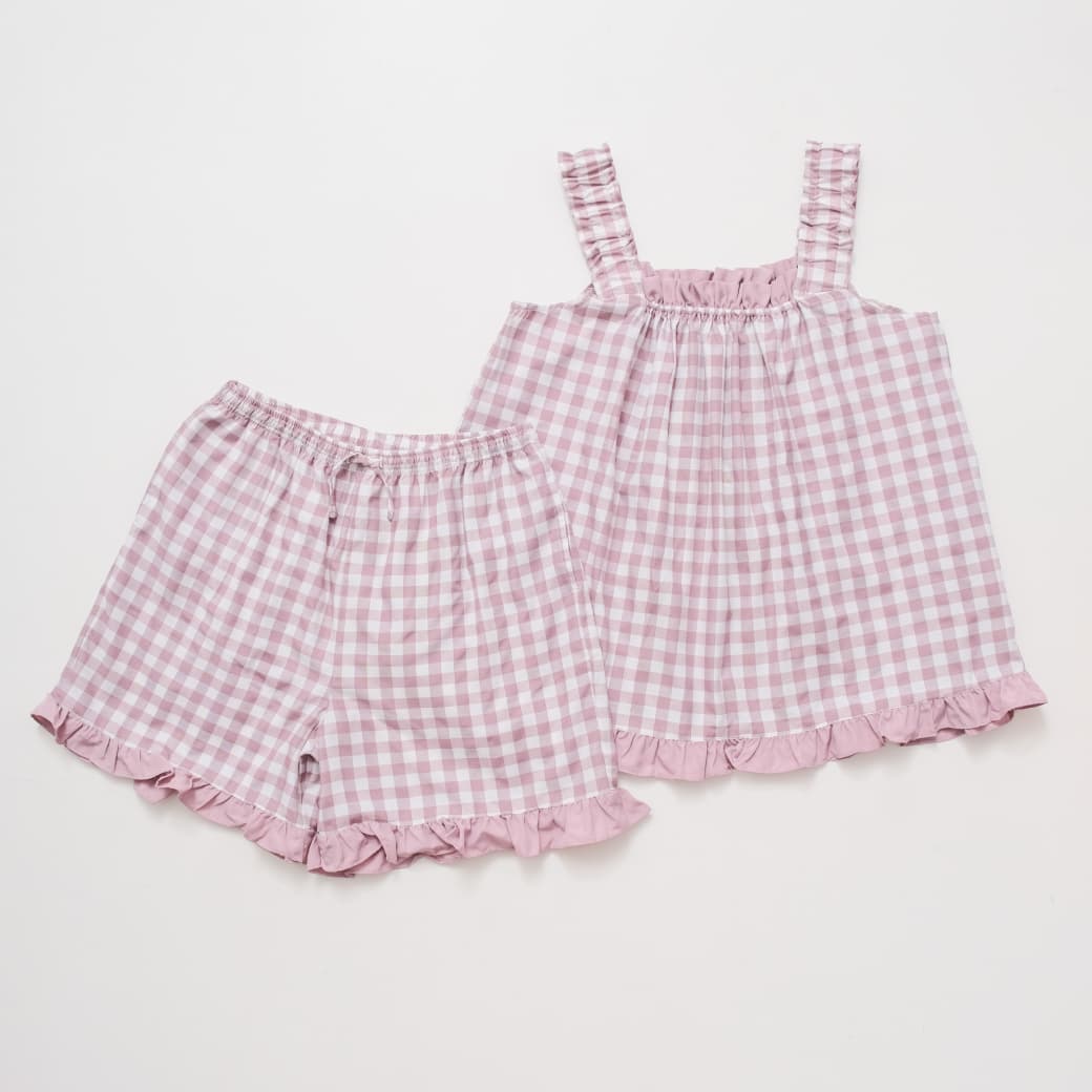Carmen Gingham Frill Short Set - Misty Lavender