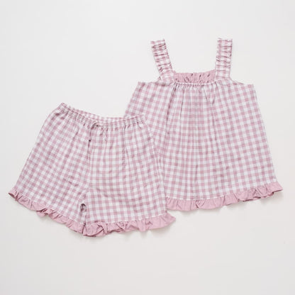 Carmen Gingham Frill Short Set - Misty Lavender