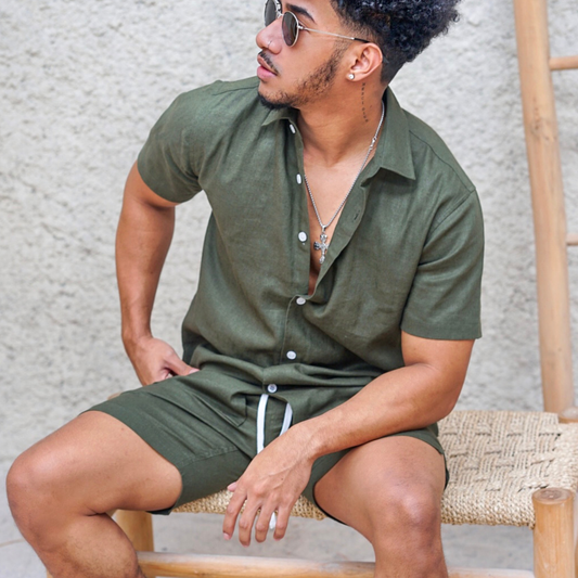 Dark Forest Green Linen Men Shorts