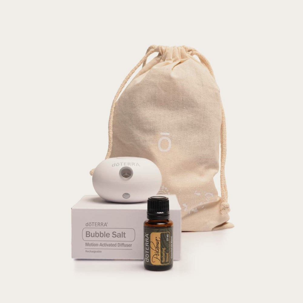 doTERRA Salt-coloured Bubble Diffuser + Pulama Nurturing Blend 15mL.