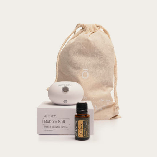 doTERRA Salt-coloured Bubble Diffuser + Pulama Nurturing Blend 15mL.
