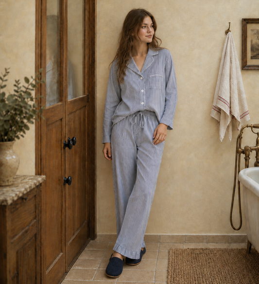Elea Frill Pinstripe Pyjama Long Set – Navy