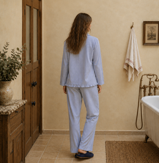 Elea Frill Pinstripe Pyjama Long Set – Navy