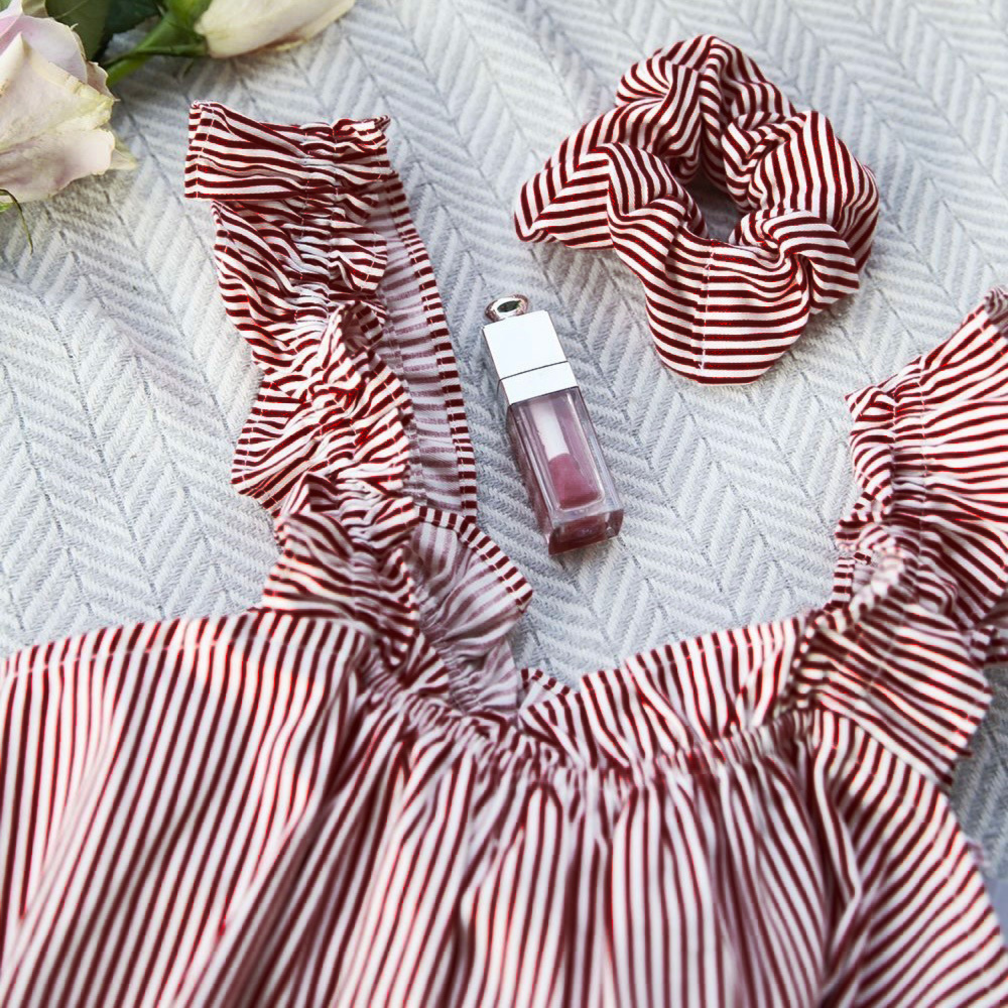 Elle Stripes Cotton Frill Pajama Set - Burgundy (L/XL)