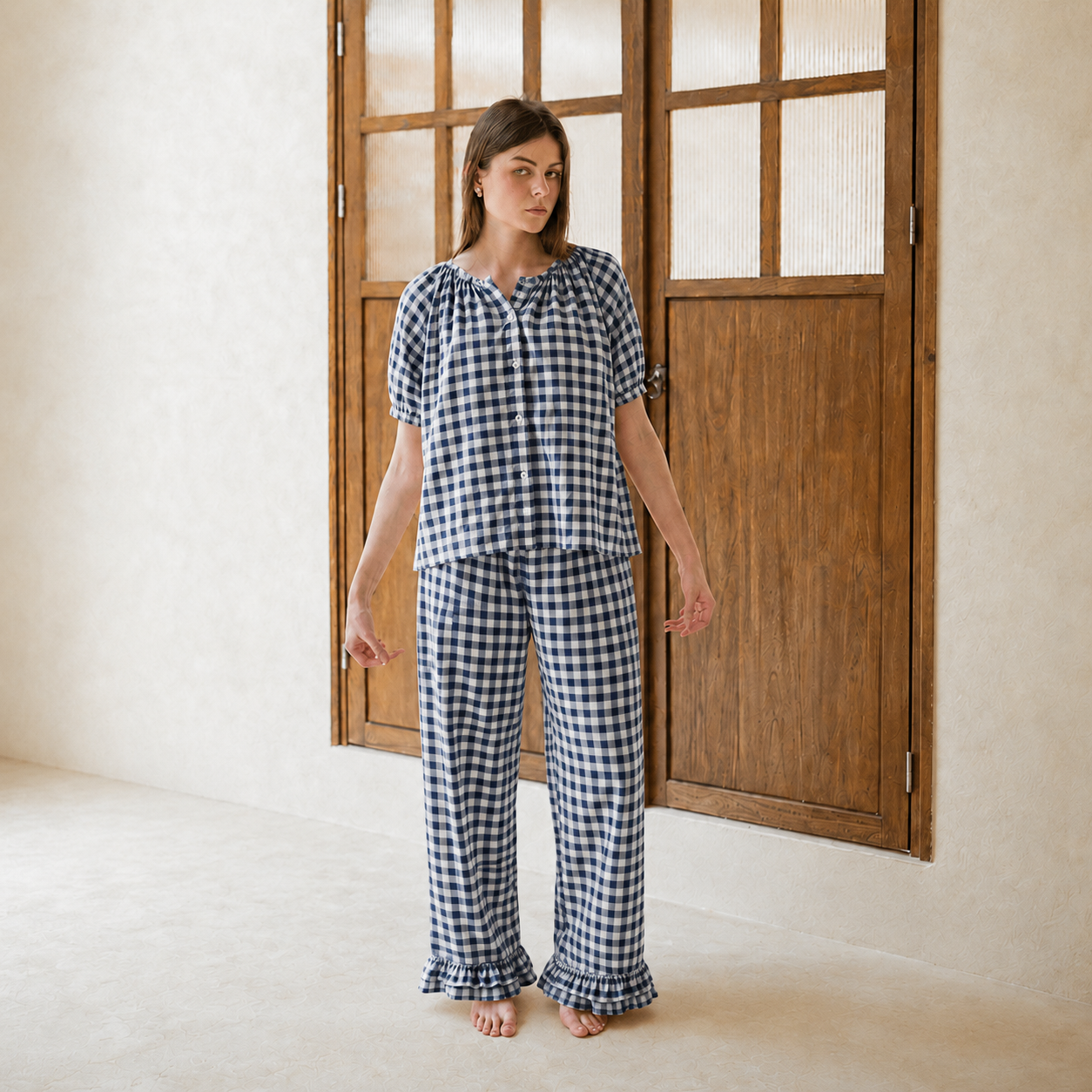 Emma Gingham Navy Long Set