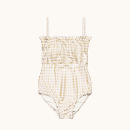 Gingham Women Smock Leotard - Brown Waffle