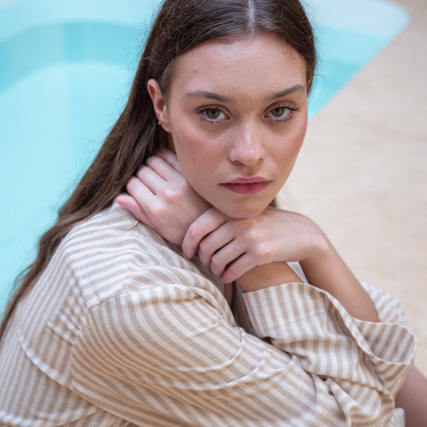 Linen Stripes Khaki Kimono Robe
