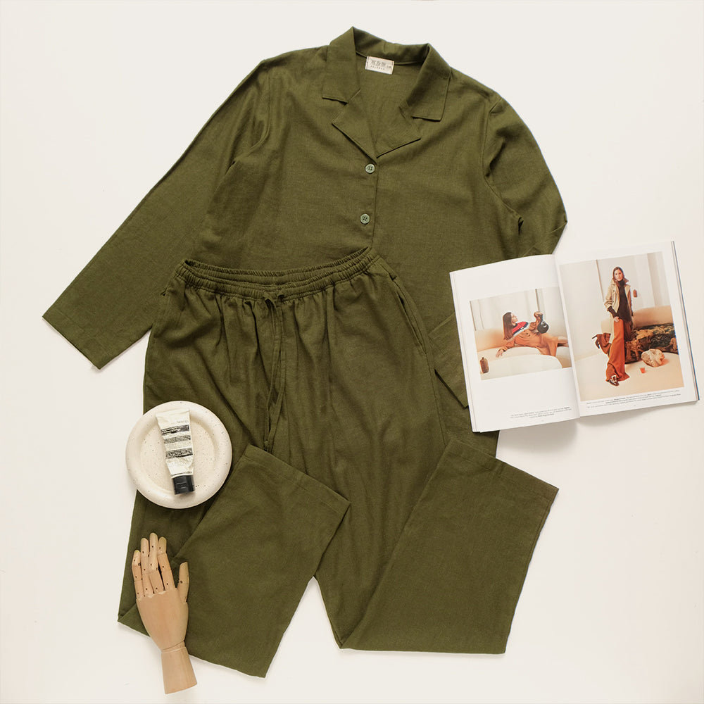 Army Green Linen Women Long Sleeves Set