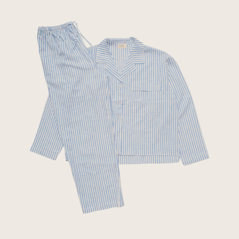 Linen Stripes Blue Long Sleeves Set