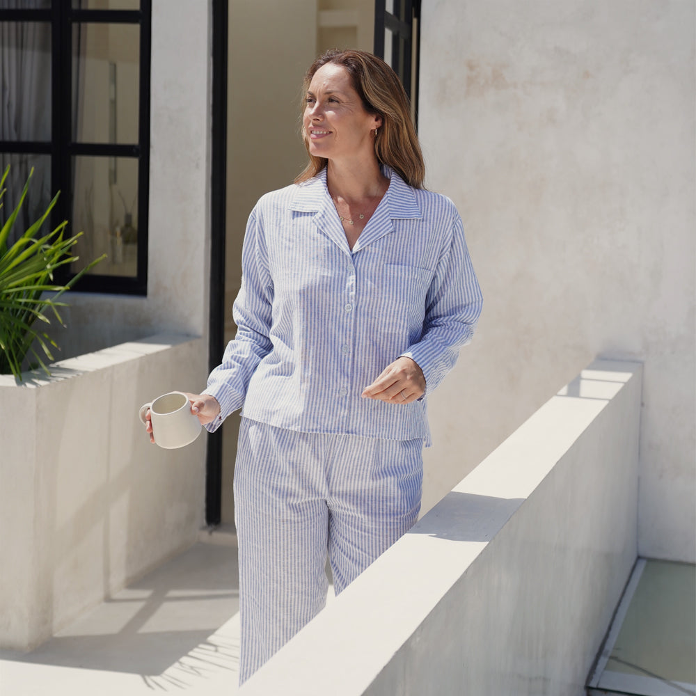 Linen Stripes Blue Long Sleeves Set
