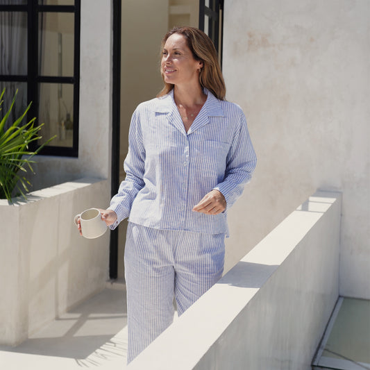 Linen Stripes Blue Long Sleeves Set