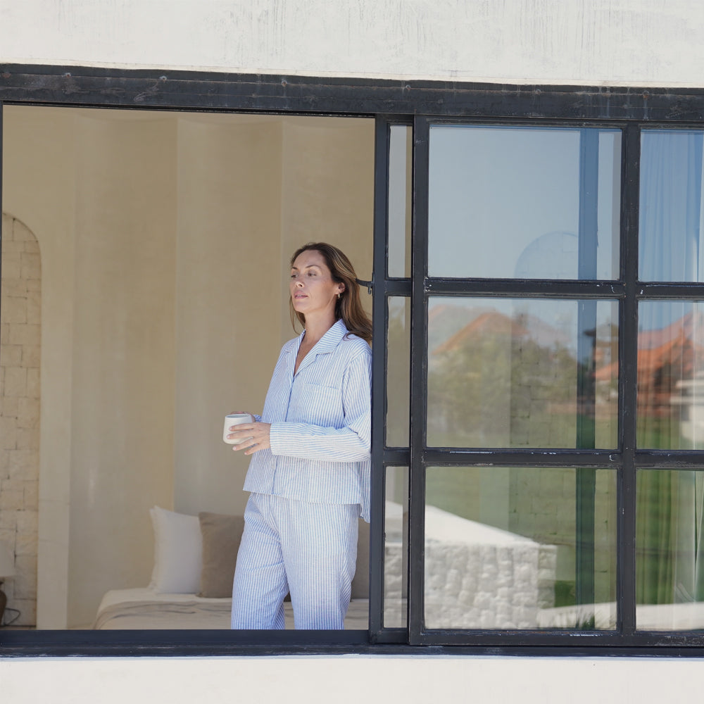 Linen Stripes Blue Long Sleeves Set