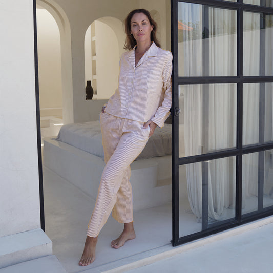 Linen Stripes Khaki Long Sleeves Set