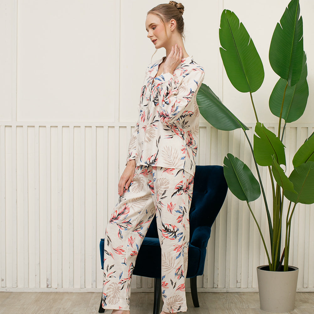 Floral Palm Linen Plain Long Set