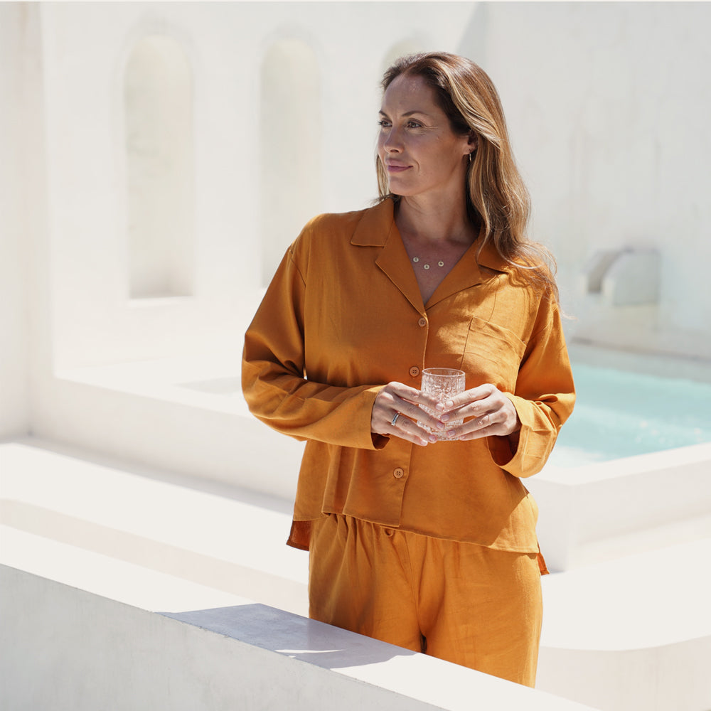 Linen Rust Orange Long Sleeves Set