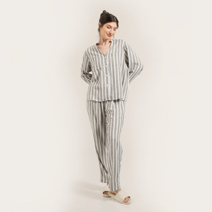 Grey Stripes Linen Women Long Sleeves Set (fits XS to M size)
