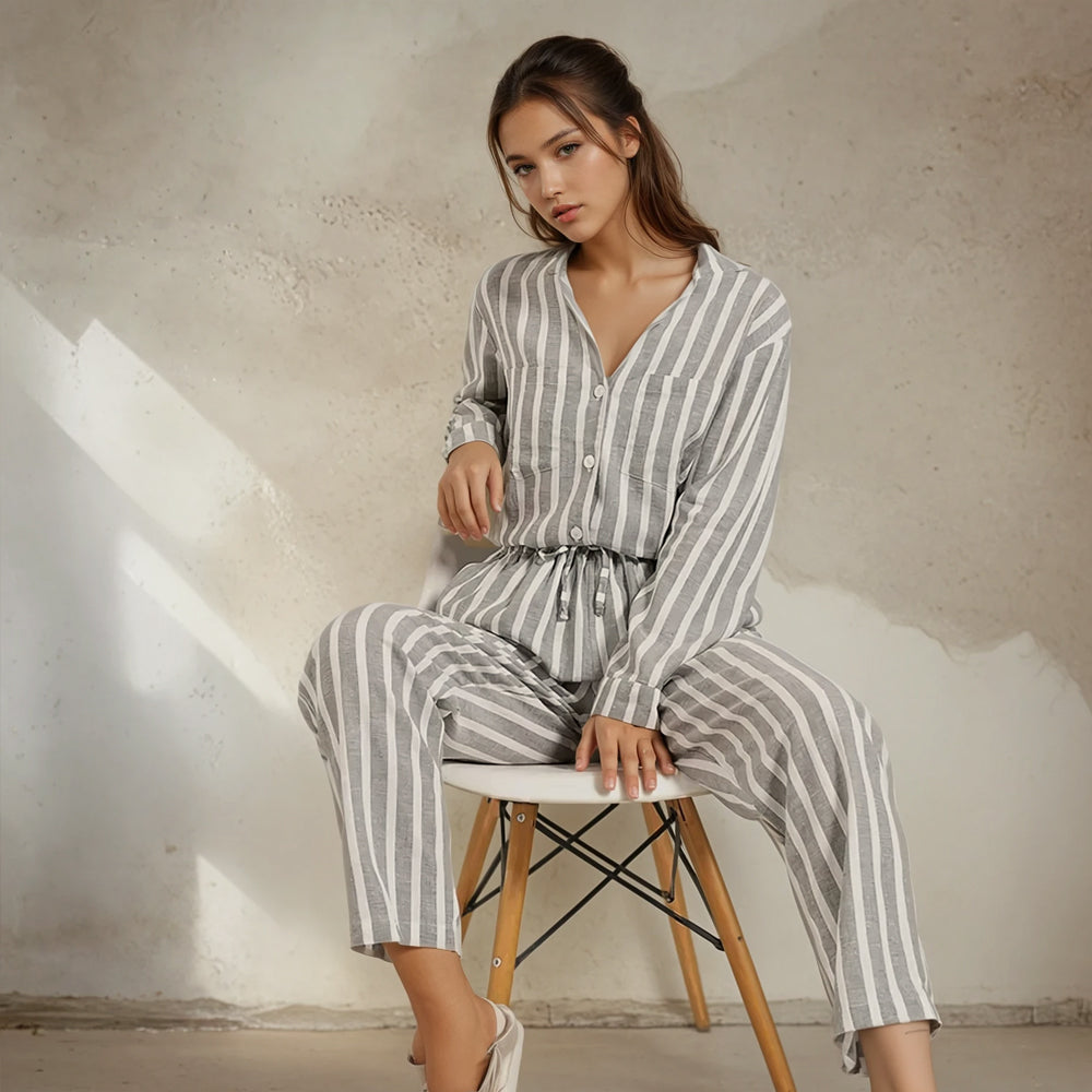 Grey Stripes Linen Women Long Sleeves Set (fits XS to M size)