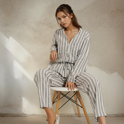 Grey Stripes Linen Women Long Sleeves Set (fits XS to M size)