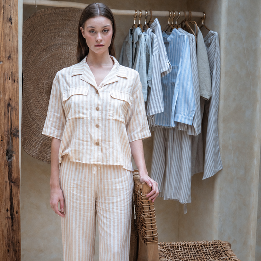 Linen Stripes Khaki Long Set