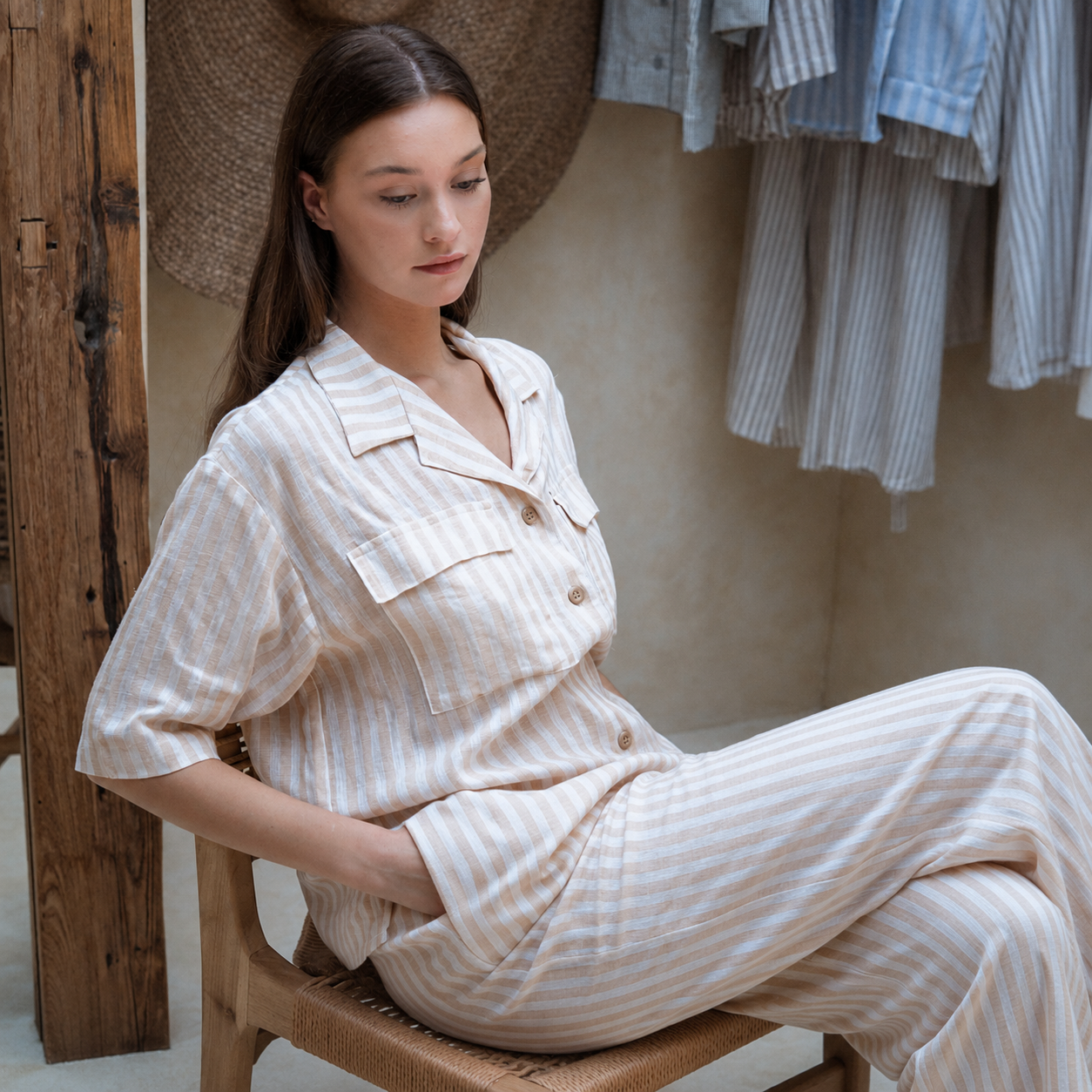 Linen Stripes Khaki Long Set
