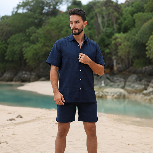 Nautica Navy Linen Men Short Sleeves Set