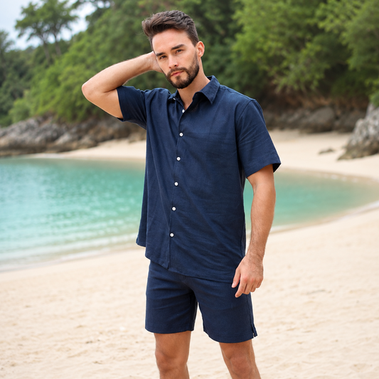 Nautica Navy Linen Men Short Sleeves Set