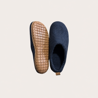 Rubber Sole Wool slip on felt slippers - Winter Blue