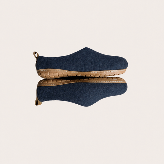 Rubber Sole Wool slip on felt slippers - Winter Blue