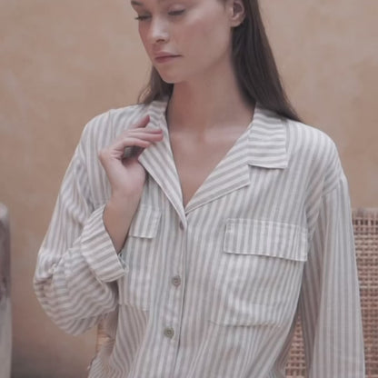 Linen Stripes Khaki Long Set