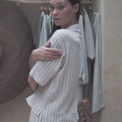 Linen Stripes Khaki Short Set