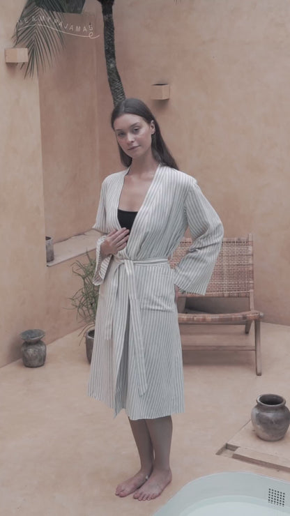 Linen Stripes Khaki Kimono Robe