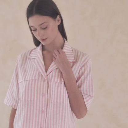 Roseate Linen Pink Stripes Short Set