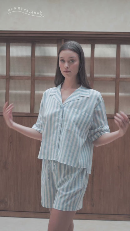 Belle Linen Blue Stripes Short Set