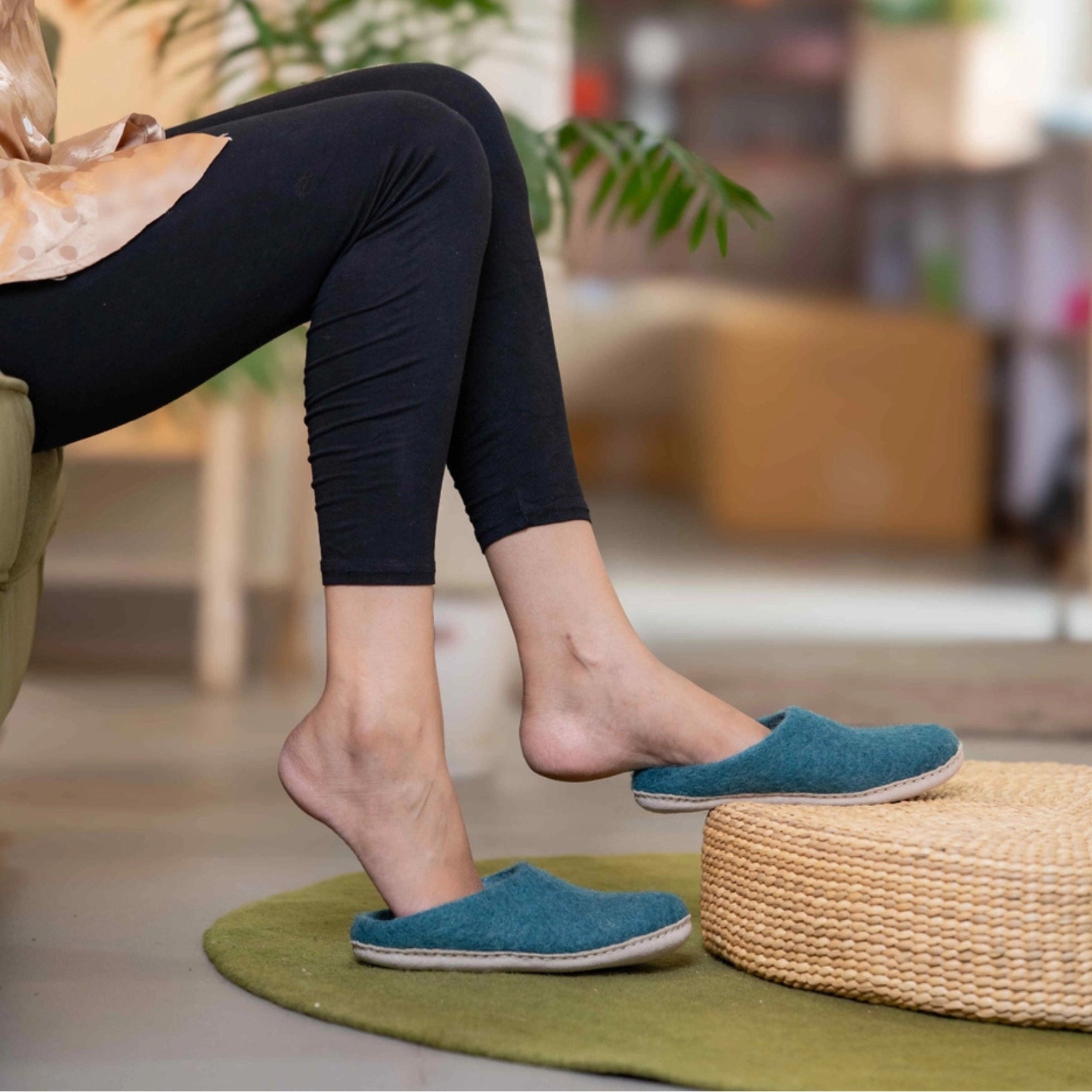 Wool slip on felt slippers - teal
